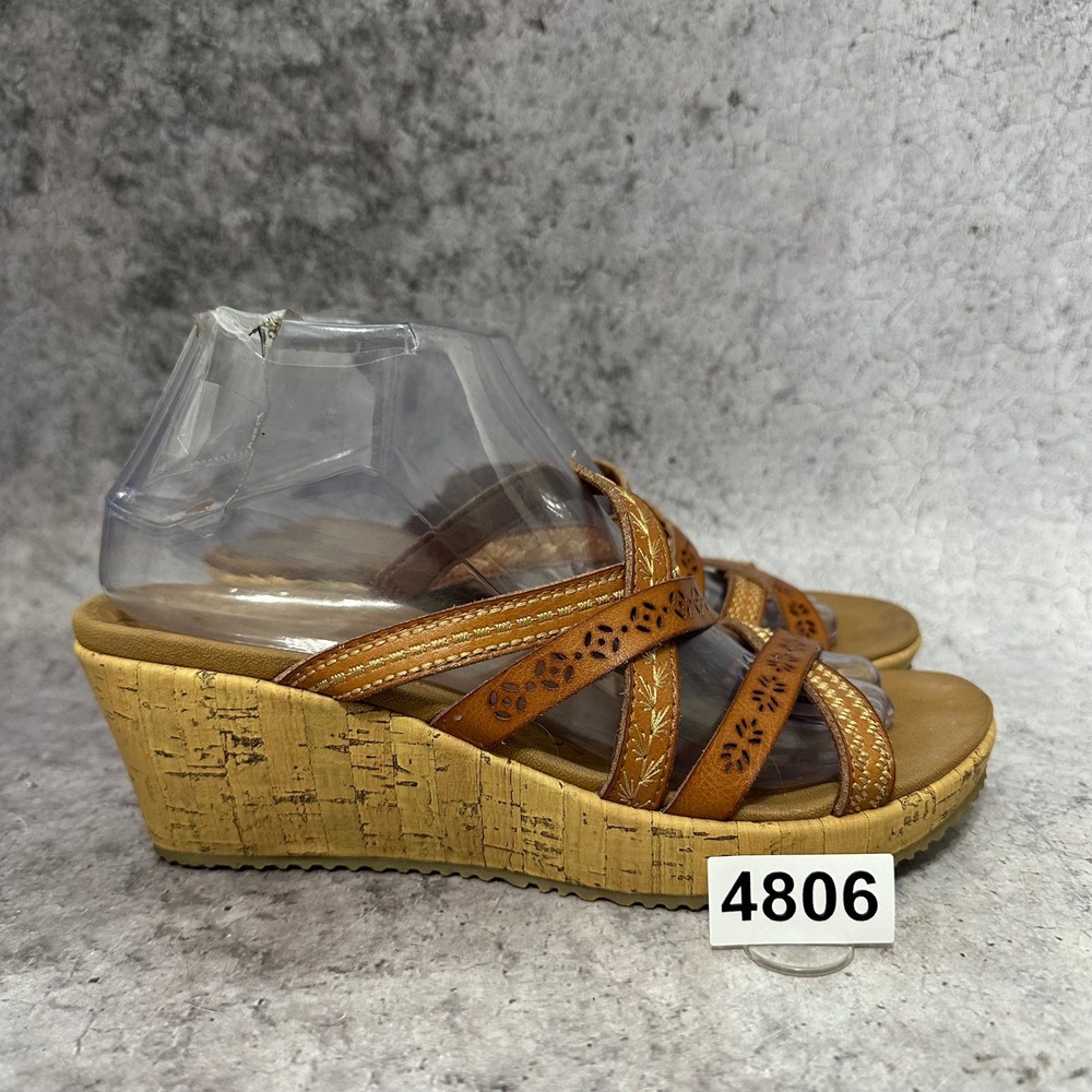 Skechers Beverlee Tiger Posse Women Size 8 Brown Wedge Sandals Strappy Cork Heel